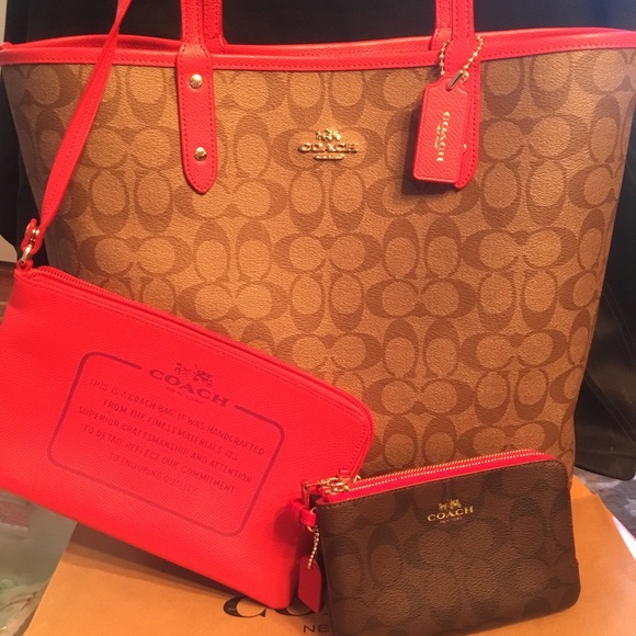 Coach Handbags - Coach reversible watermelon khaki tote+wallet SET